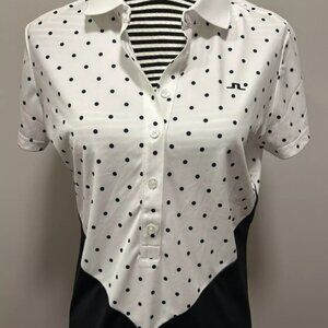 NWT J. Lindeberg Navy and White Polka Dot Short Sleeve Golf Polo Womens XL $95